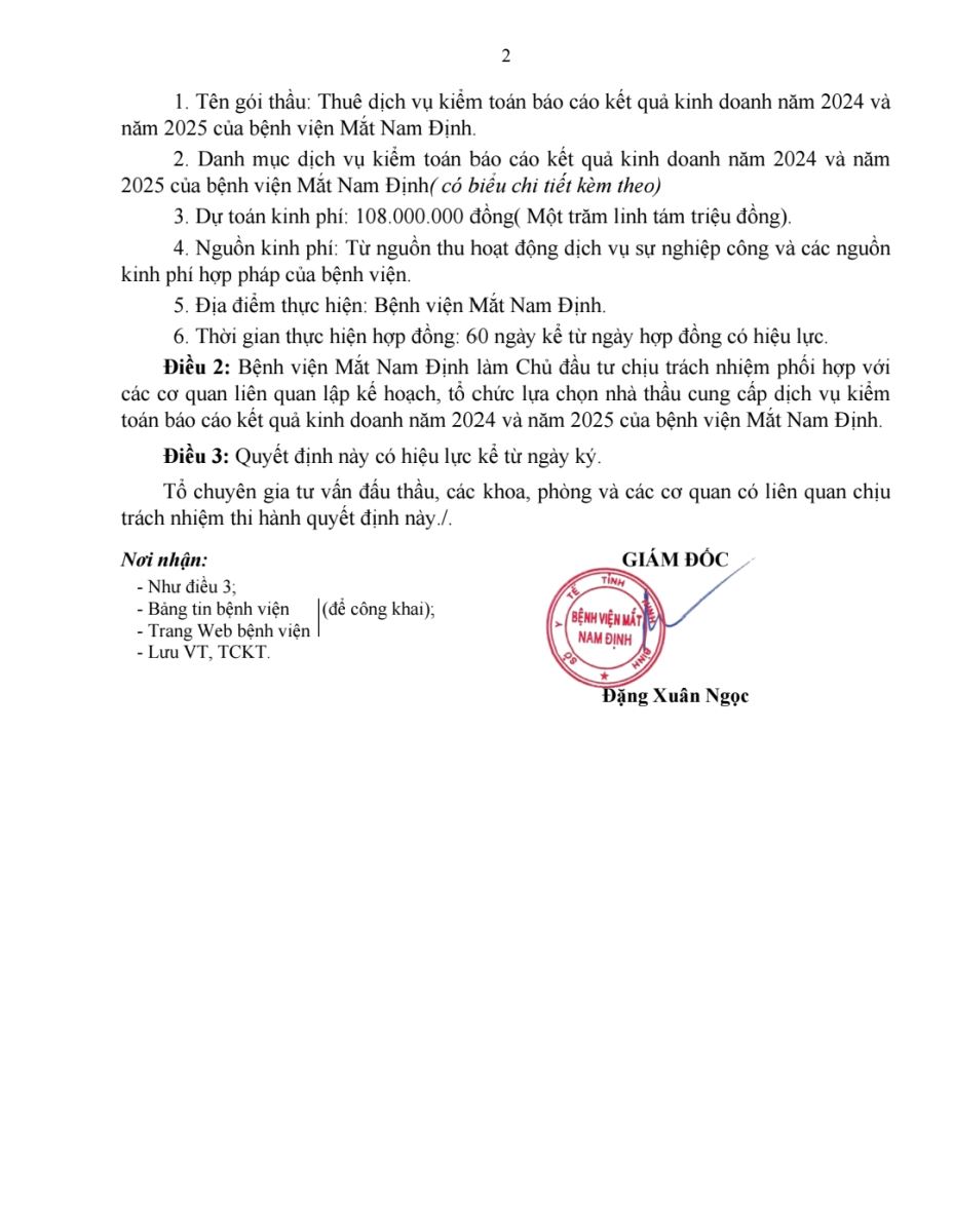Quyết định vv Phê duyệt dự toán thuê dịch vụ kiểm toán báo cáo kết quả kinh doanh năm 2024 và 2025