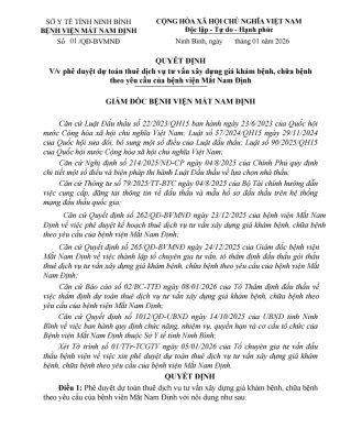 Quyết định vv Phê duyệt dự toán thuê dịch vụ tư vấn xây dựng giá khám bệnh, chữa bệnh theo yêu cầu