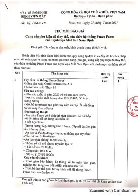 Thư mời báo giá “Cung cấp phụ kiện để thay thế, sửa chữa hệ thống Phaco Faros”