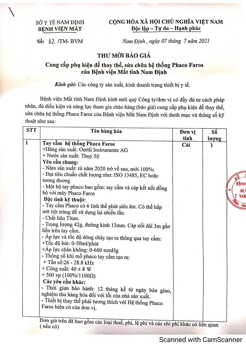 Thư mời báo giá “Cung cấp phụ kiện để thay thế, sửa chữa hệ thống Phaco Faros”