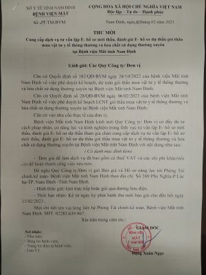 Thư mời “Cung cấp dịch vụ tư vấn lập E- hồ sơ mời thầu, đánh giá E- hồ sơ dự thầu gói thầu mua vật tư y tế thông thường và hóa chất sử dụng thường xuyên”