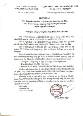 Thông báo Mời tham gia cung ứng và thương thảo hợp đồng gói thầu: Mua thuốc Natamin phục vụ công tác chuyên môn cho Bệnh viện Mắt Nam Định