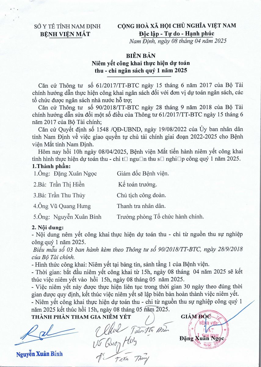 Công khai tình hình thực hiện dự toán thu chi năm 2025 quý 1