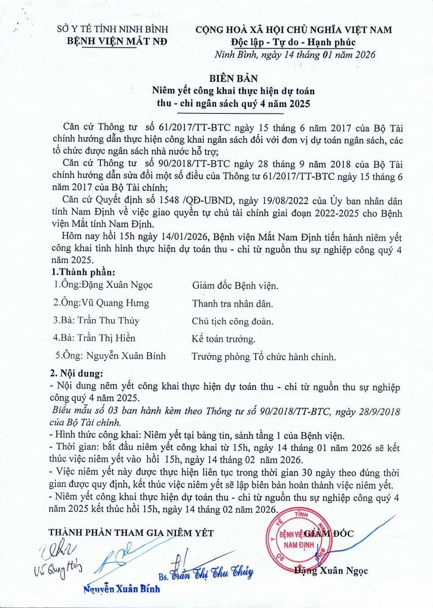 Công khai tình hình thực hiện dự toán thu chi quý 4 năm 2025