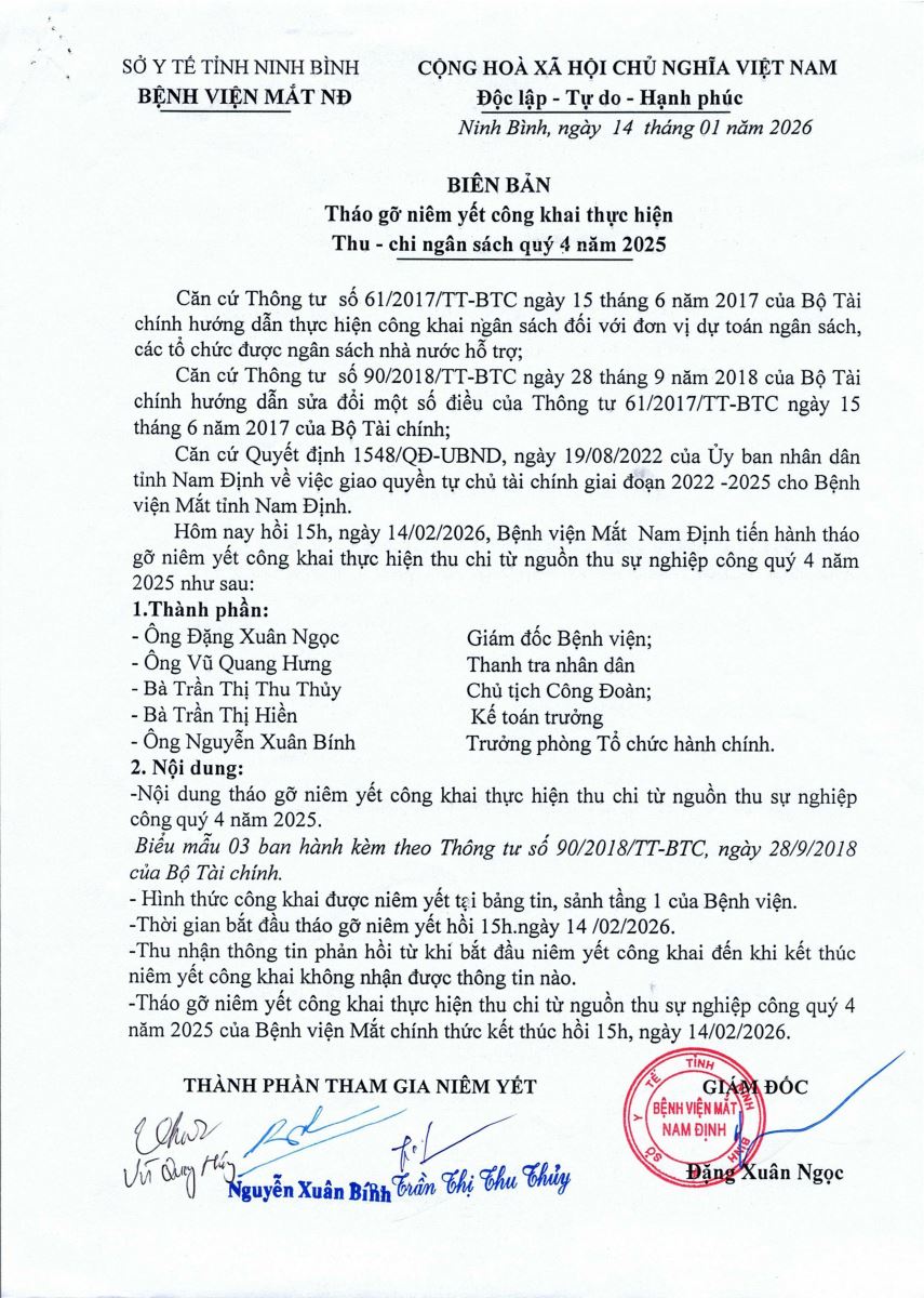 Công khai tình hình thực hiện dự toán thu chi quý 4 năm 2025