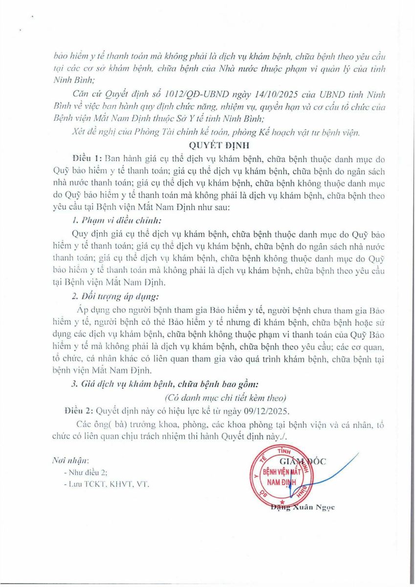 Quyết định 249/QĐ-BVMNĐ ngày 19 tháng 12 năm 2025 về việc ban hành giá cụ thể dịch vụ khám bệnh, chữa bệnh …
