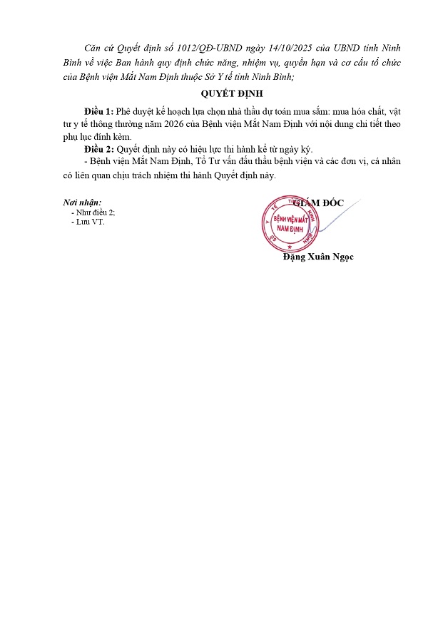 Quyết định phê duyệt KHLC nhà thầu dự toán mua sắm: mua hoá chất, vật tư y tế thông thường năm 2026