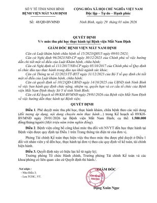 Quyết định phê duyệt mức thu phí học thực hành tại Bệnh viện Mắt Nam Định