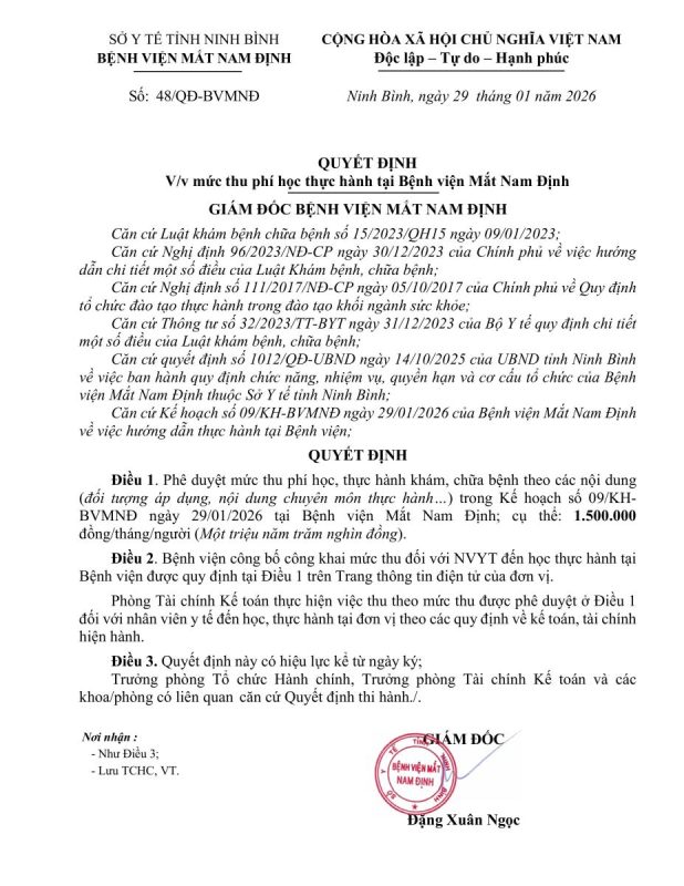 Quyết định phê duyệt mức thu phí học thực hành tại Bệnh viện Mắt Nam Định