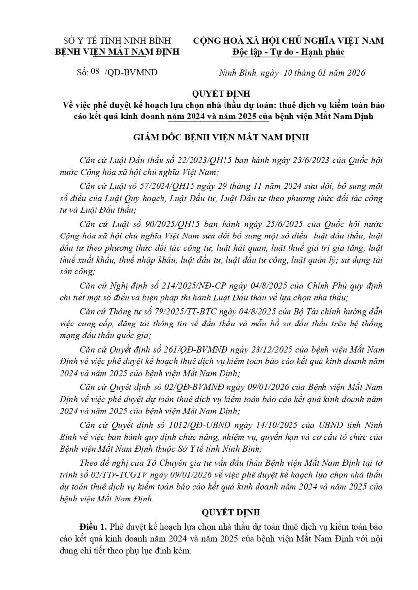 Quyết định V/v phê duyệt KHLCNT dự toán: thuê dịch vụ kiểm toán báo cáo kết quả kinh doanh năm 2024 và năm 2025