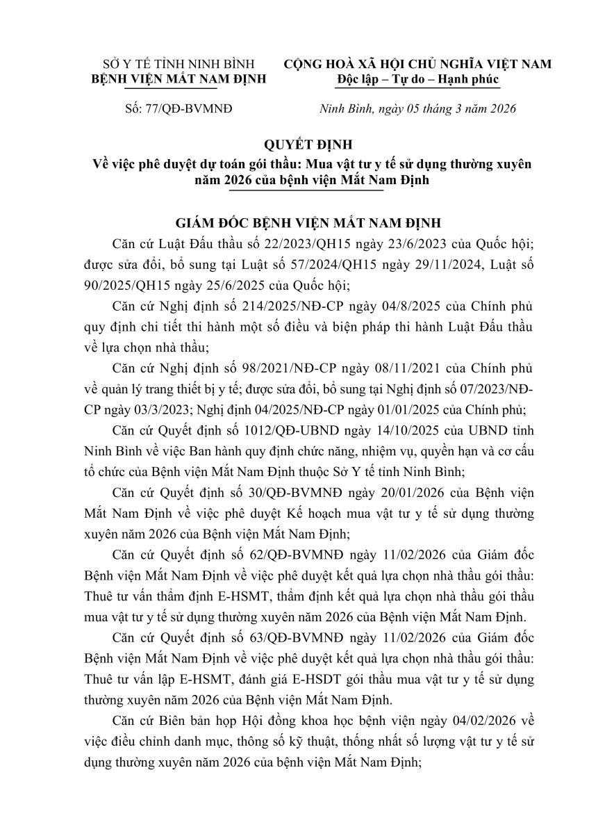 Quyết định Vv phê duyệt dự toán gói thầu: Mua vật tư y tế sử dụng thường xuyên năm 2026 của bệnh viện Mắt Nam Định