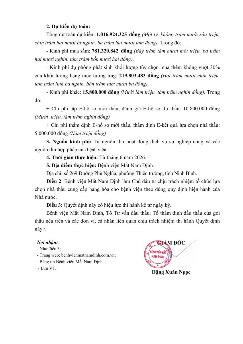 Quyết định Vv phê duyệt dự toán mua sắm gói thầu: mua hóa chất, vật tư y tế thông thường năm 2026 của Bệnh viện Mắt Nam Định