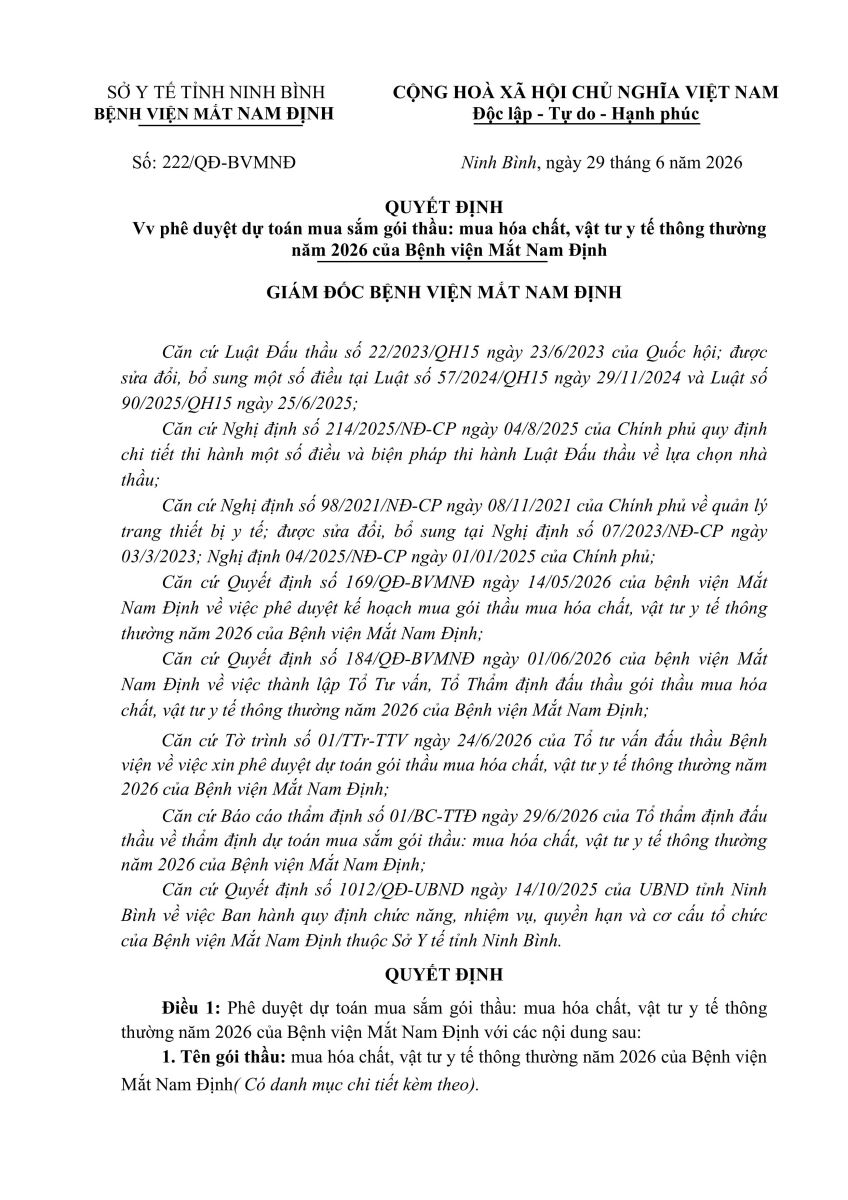 Quyết định Vv phê duyệt dự toán mua sắm gói thầu: mua hóa chất, vật tư y tế thông thường năm 2026 của Bệnh viện Mắt Nam Định