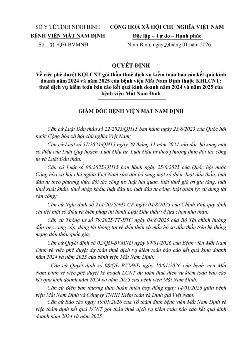 Quyết định vv Phê duyệt KQLCNT gói thầu thuê dịch vụ kiểm toán báo cáo kết quả kinh doanh năm 2024 và 2025