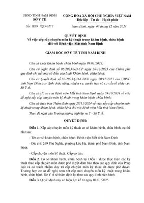 Quyết định vv xếp cấp chuyên môn kỹ thuật trong khám bệnh, chữa bệnh đối với Bệnh viện Mắt Nam Định