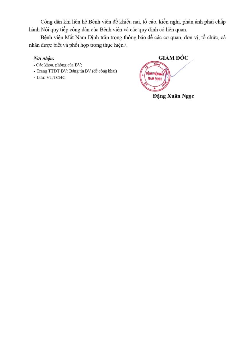 Thông báo lịch tiếp công dân thường xuyên, đột xuất của Bệnh viện Mắt Nam Định năm 2026