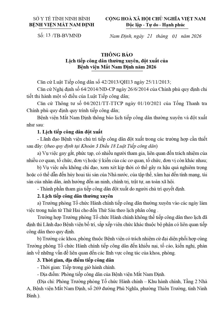 Thông báo lịch tiếp công dân thường xuyên, đột xuất của Bệnh viện Mắt Nam Định năm 2026