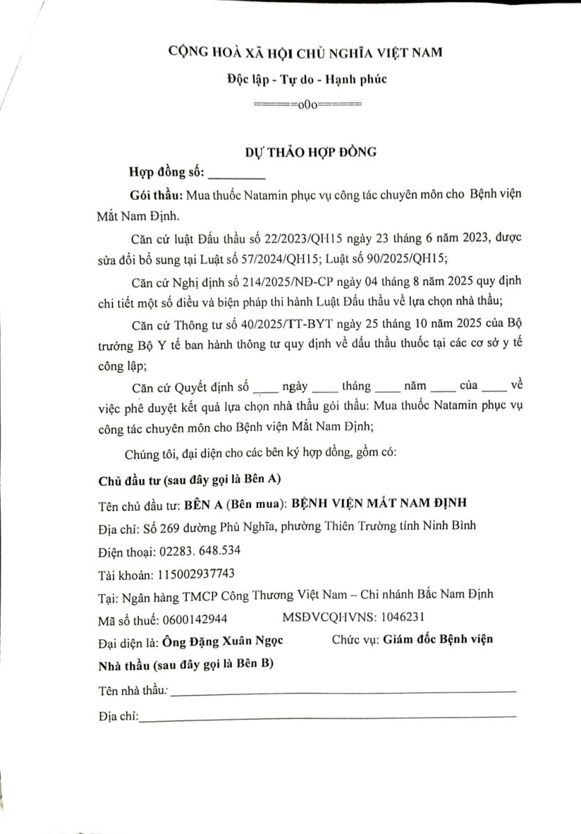 Thông báo Mời tham gia cung ứng và thương thảo hợp đồng gói thầu: Mua thuốc Natamin phục vụ công tác chuyên môn cho Bệnh viện Mắt Nam Định