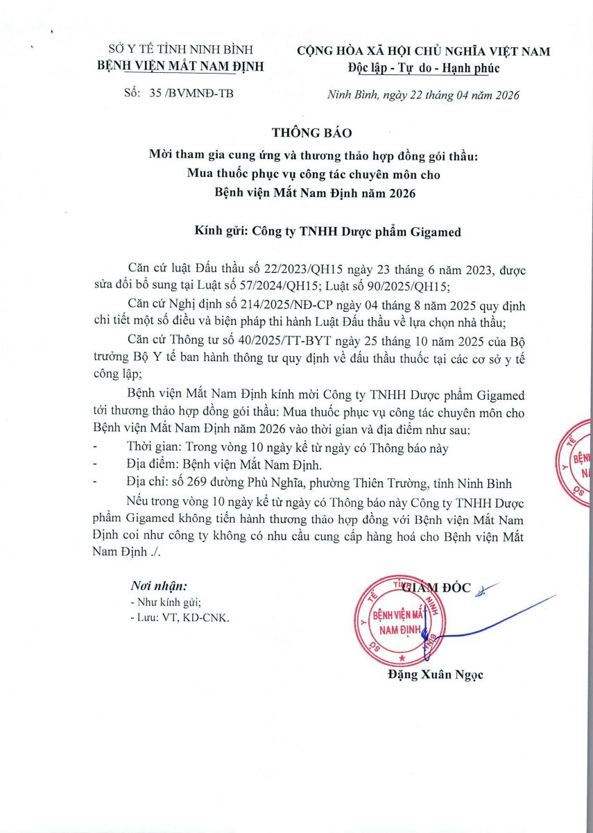 Thông báo số 35 năm 2026 vv mời tham gia thương thảo hợp đồng