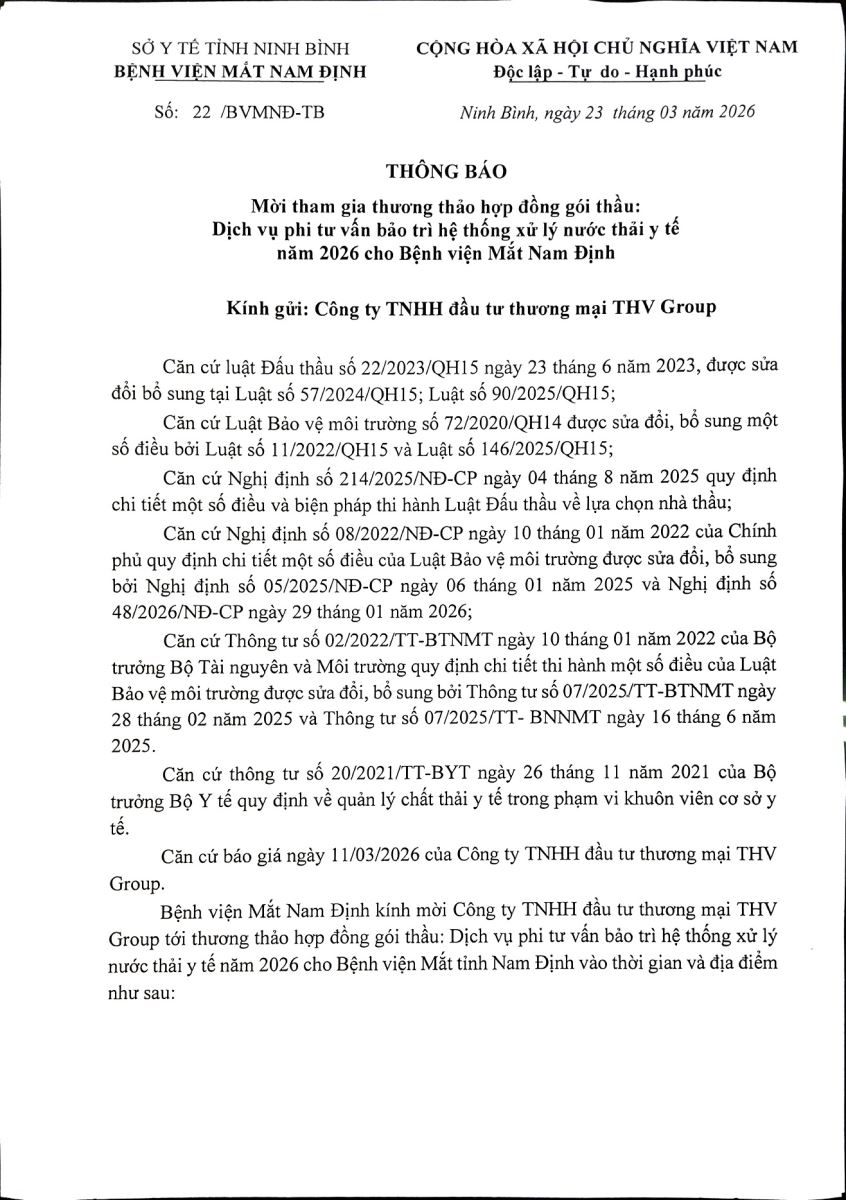 Thông báo V/v mời tham gia thương thảo HĐ gói thầu: DV phi tư vấn bảo trì hệ thống xử lý nước thải y tế năm 2026