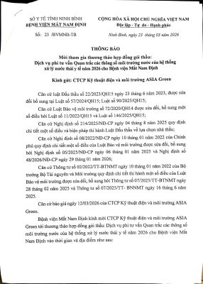 Thông báo V/v mời tham gia thương thảo HĐ gói thầu: DV phi tư vấn Quan trắc các thông số môi trường nước của hệ thống xử lý nước thải y tế năm 2026