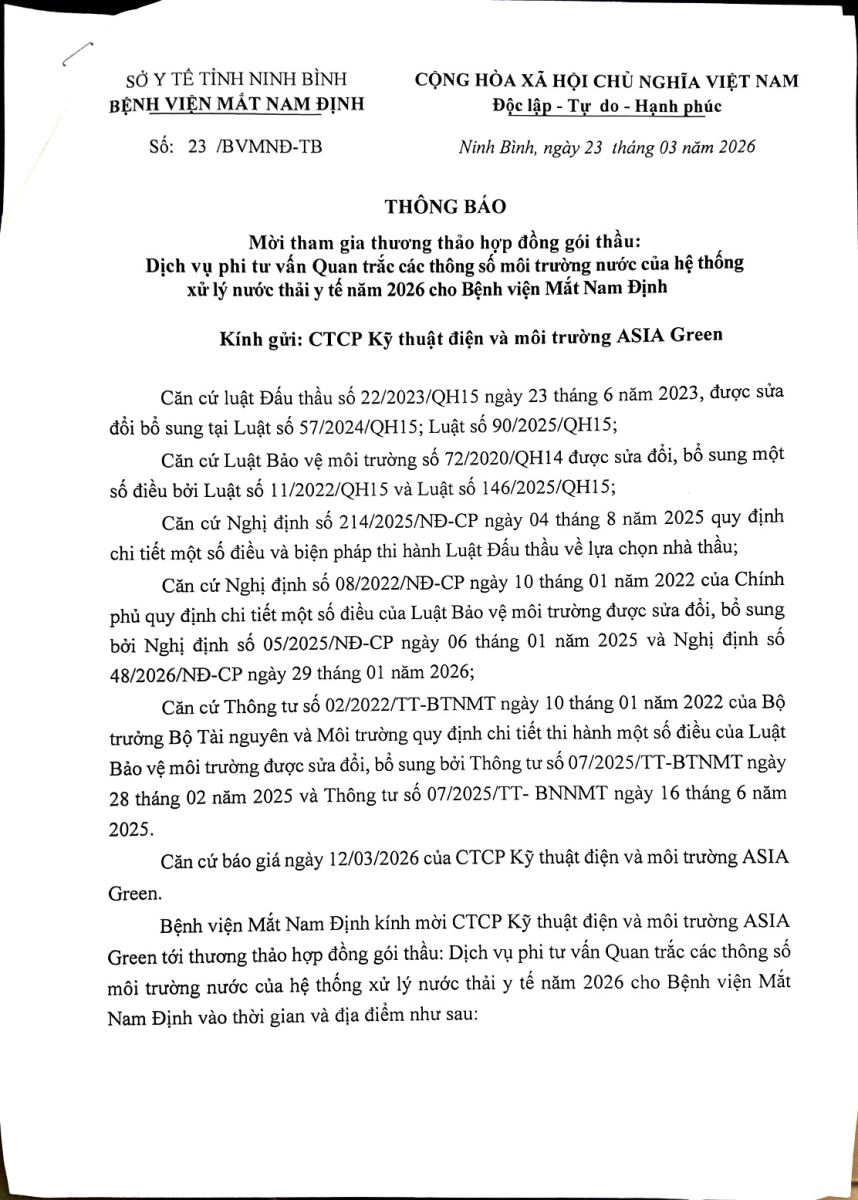Thông báo V/v mời tham gia thương thảo HĐ gói thầu: DV phi tư vấn Quan trắc các thông số môi trường nước của hệ thống xử lý nước thải y tế năm 2026