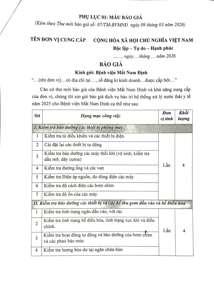 Thư mời báo giá bảo trì nước thải