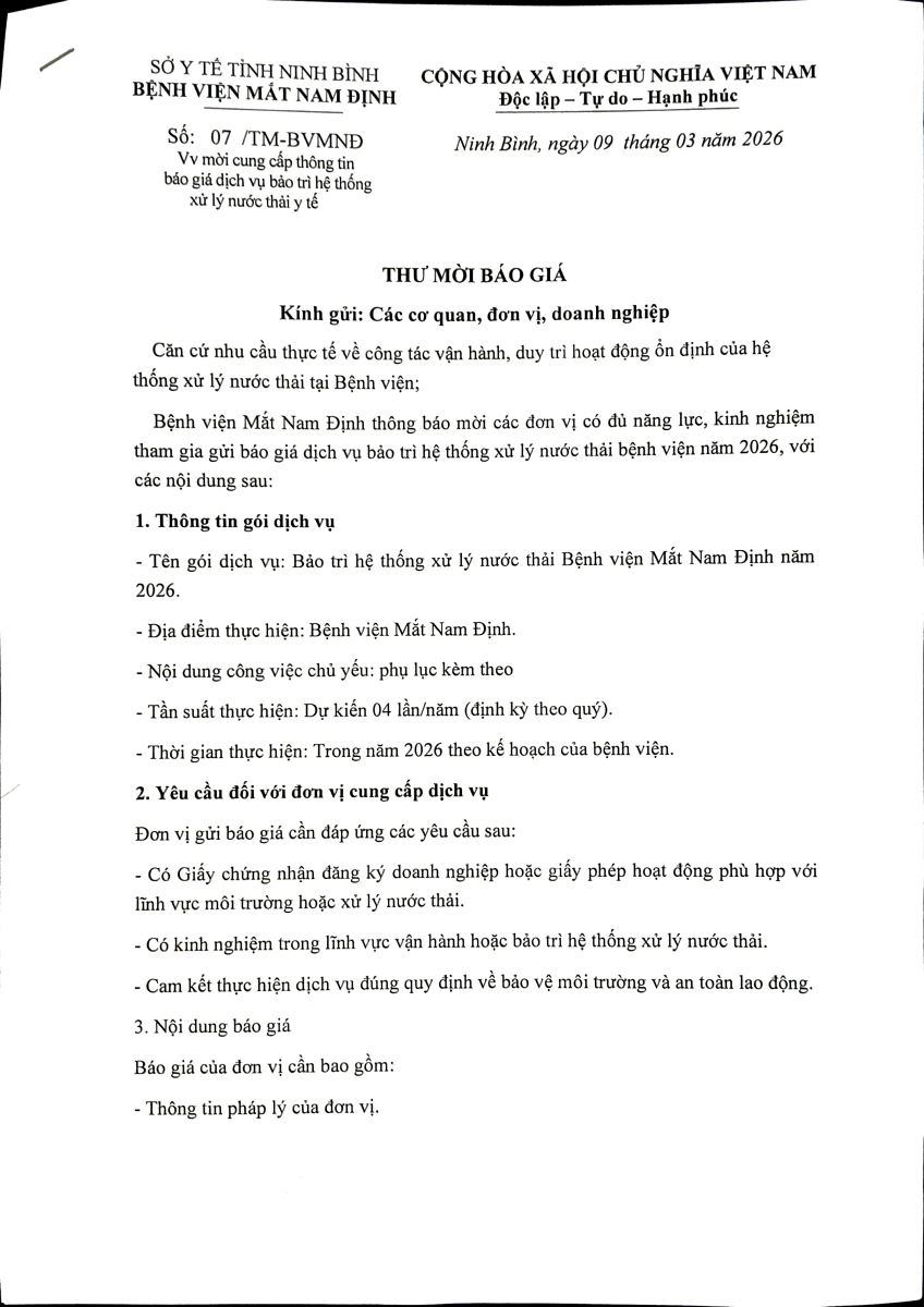 Thư mời báo giá bảo trì nước thải
