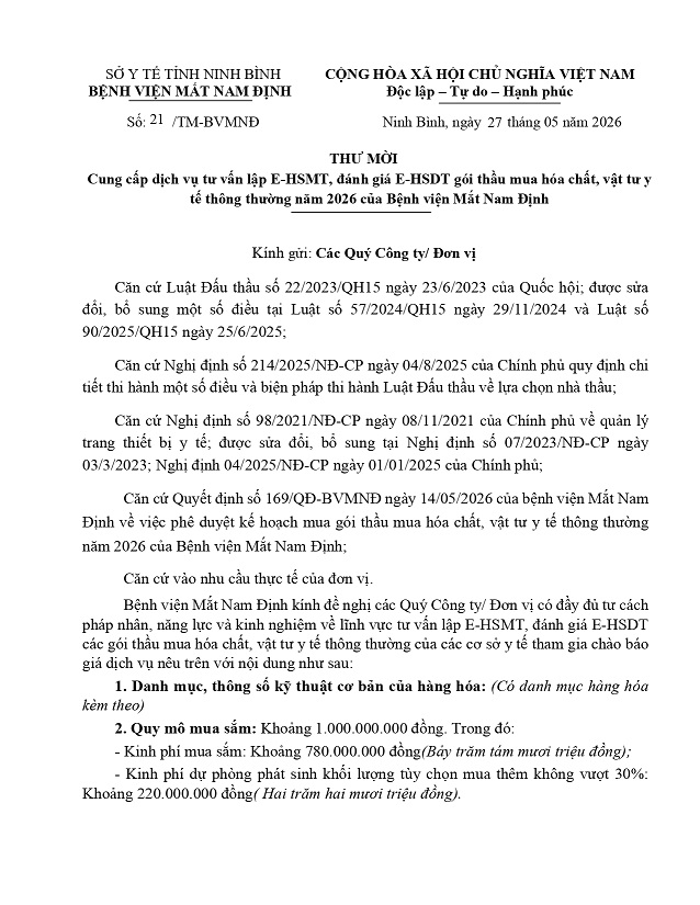 Thư mời cung cấp DVTV lập E-HSMT, đánh giá E-HSMT gói thầu mua hoá chất, vật tư y tế thông thường năm 2026