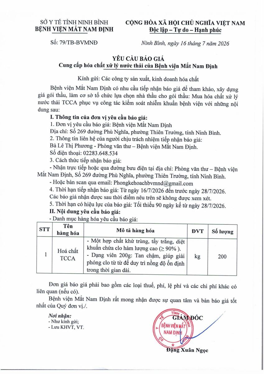Yêu cầu báo giá hóa chất xử lý nước thải TCCA ngày 16-7-2026