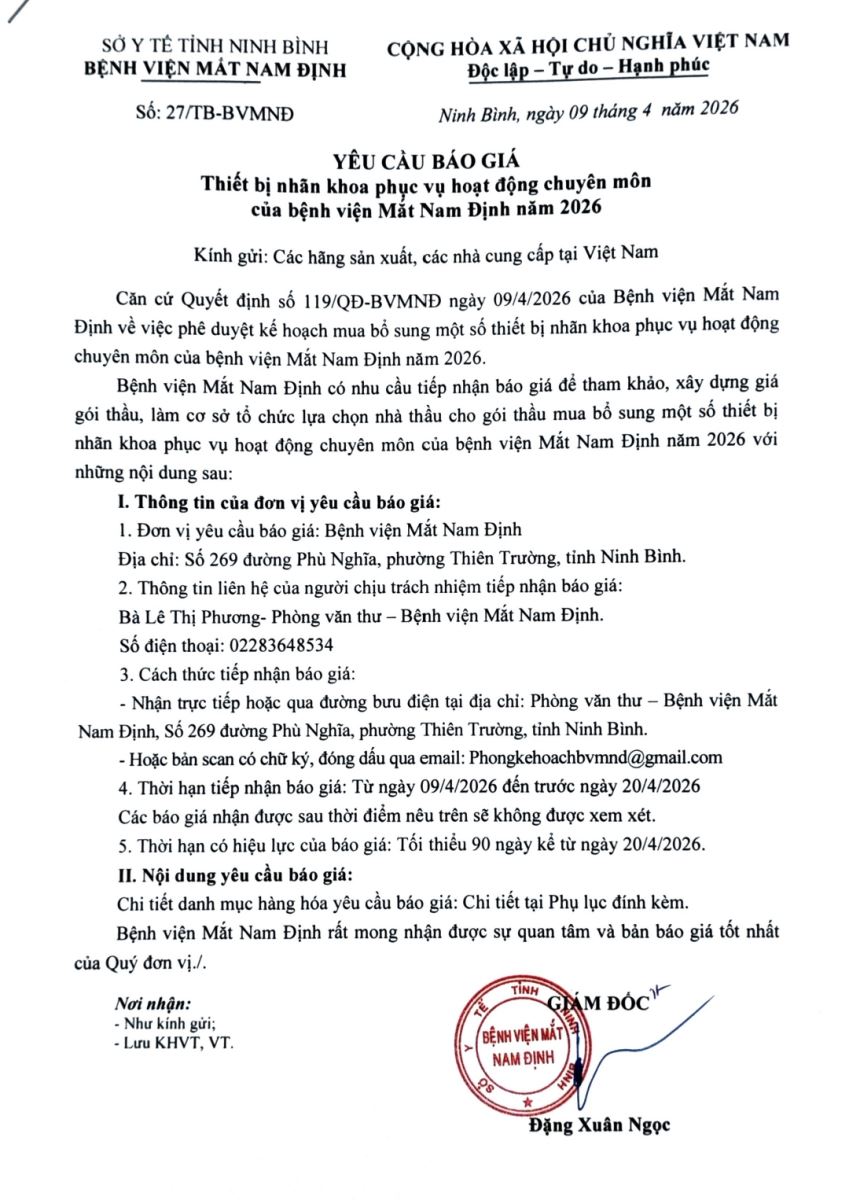 Yêu cầu báo giá thiết bị nhãn khoa phục vụ hoạt động chuyên môn của Bệnh viện Mắt Nam Định năm 2026