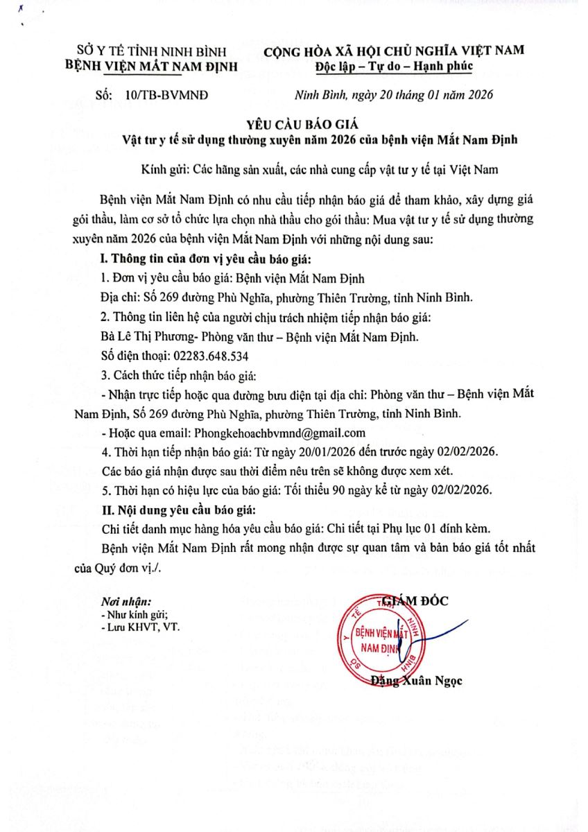 Yêu cầu báo giá VTYT sử dụng thường xuyên năm 2026 của bệnh viện Mắt Nam Định